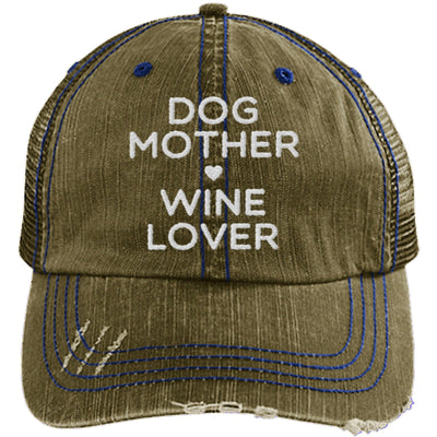 DOG MOTHER WINE LOVER DISTRESSED TRUCKER CAP