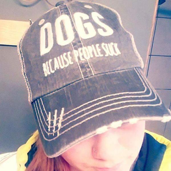 DOGS BECAUSE PEOPLE SUCK DISTRESSED TRUCKER CAP