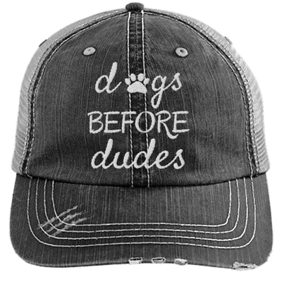 DOGS BEFORE DUDES DISTRESSED TRUCKER CAP