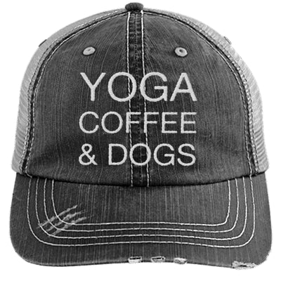 Yoga Coffee & Dogs Distressed Trucker Cap